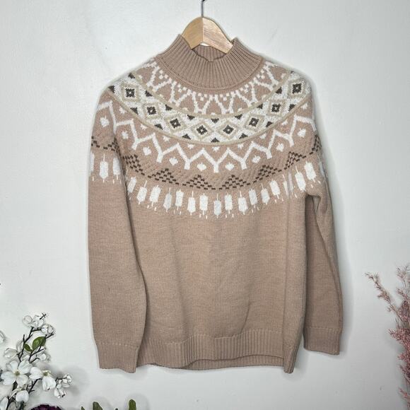 J. MCLAUGHLIN Oslo Fair Isle Wool Sweater Nordic Tan Cream Sz M {3R42} - Picture 2 of 5